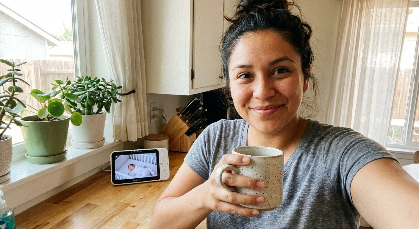 Mom with morning coffee, baby sleeping on monitor