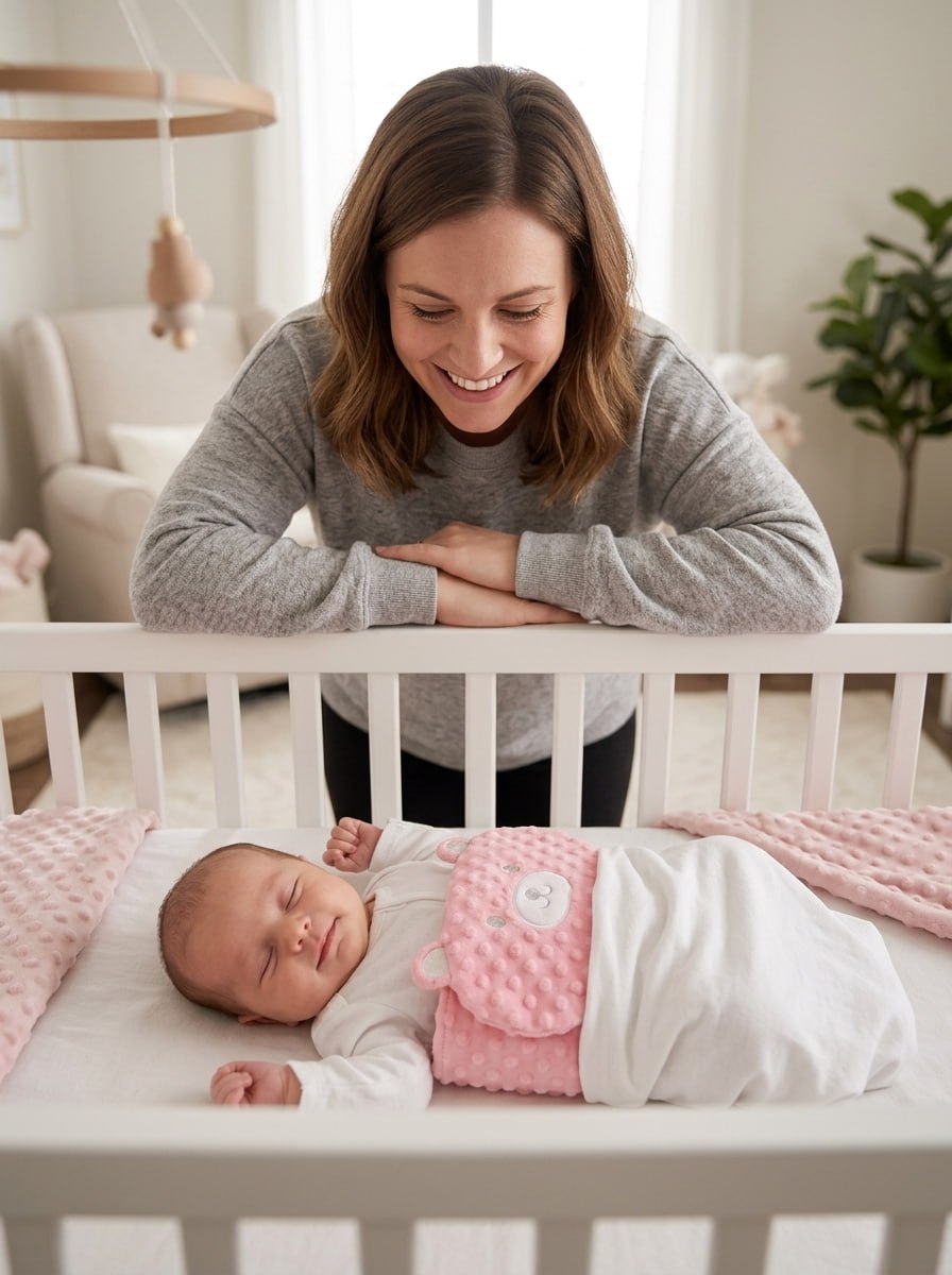 Mother smiling at sleeping baby wearing TummyHush belly band in crib