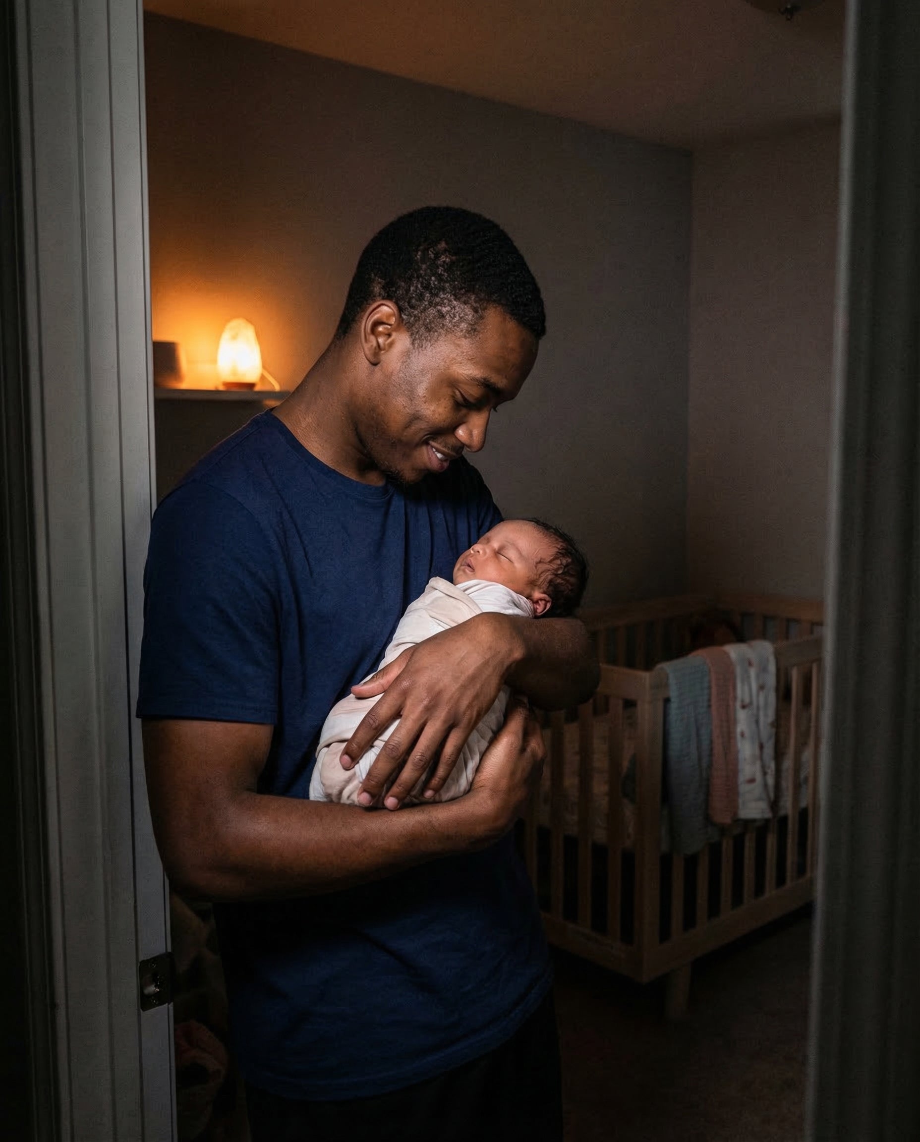 Dad holding sleeping baby in nursery