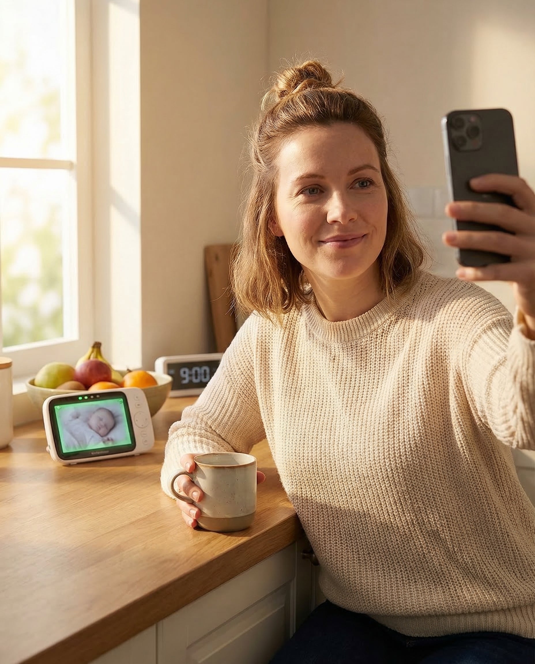 Mom with morning coffee, baby sleeping on monitor
