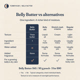 Belly Butter versus belly oils, stretch mark creams and lotion: texture, ingredient count, water, fragrance and use. One ingredient; $45 per 50 g pouch or 3 for $90. Typical categories; check individual labels.