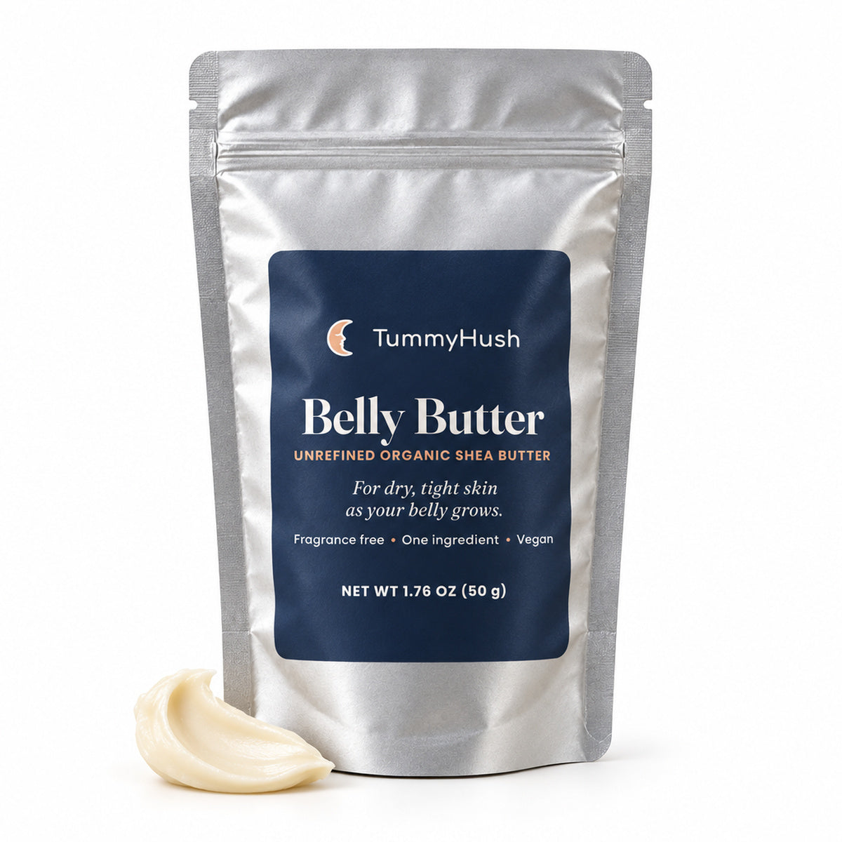 TummyHush Belly Butter pouch on white beside a smooth shea butter swipe