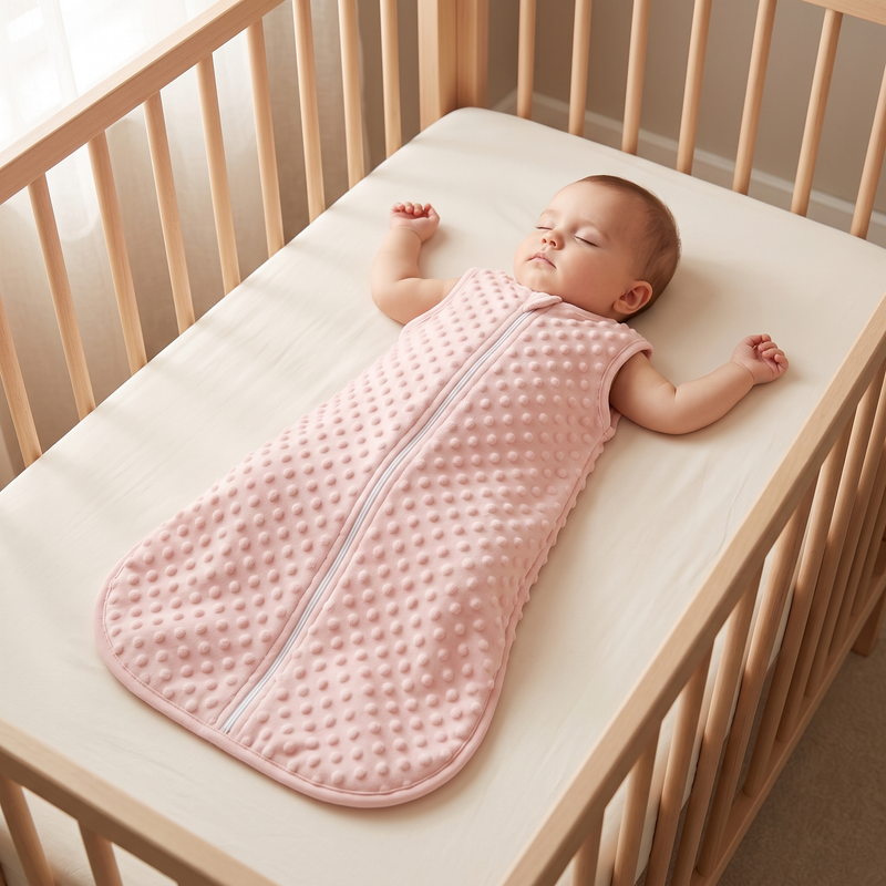 Baby asleep on her back in a crib wearing the Blush Pink DreamDots sack