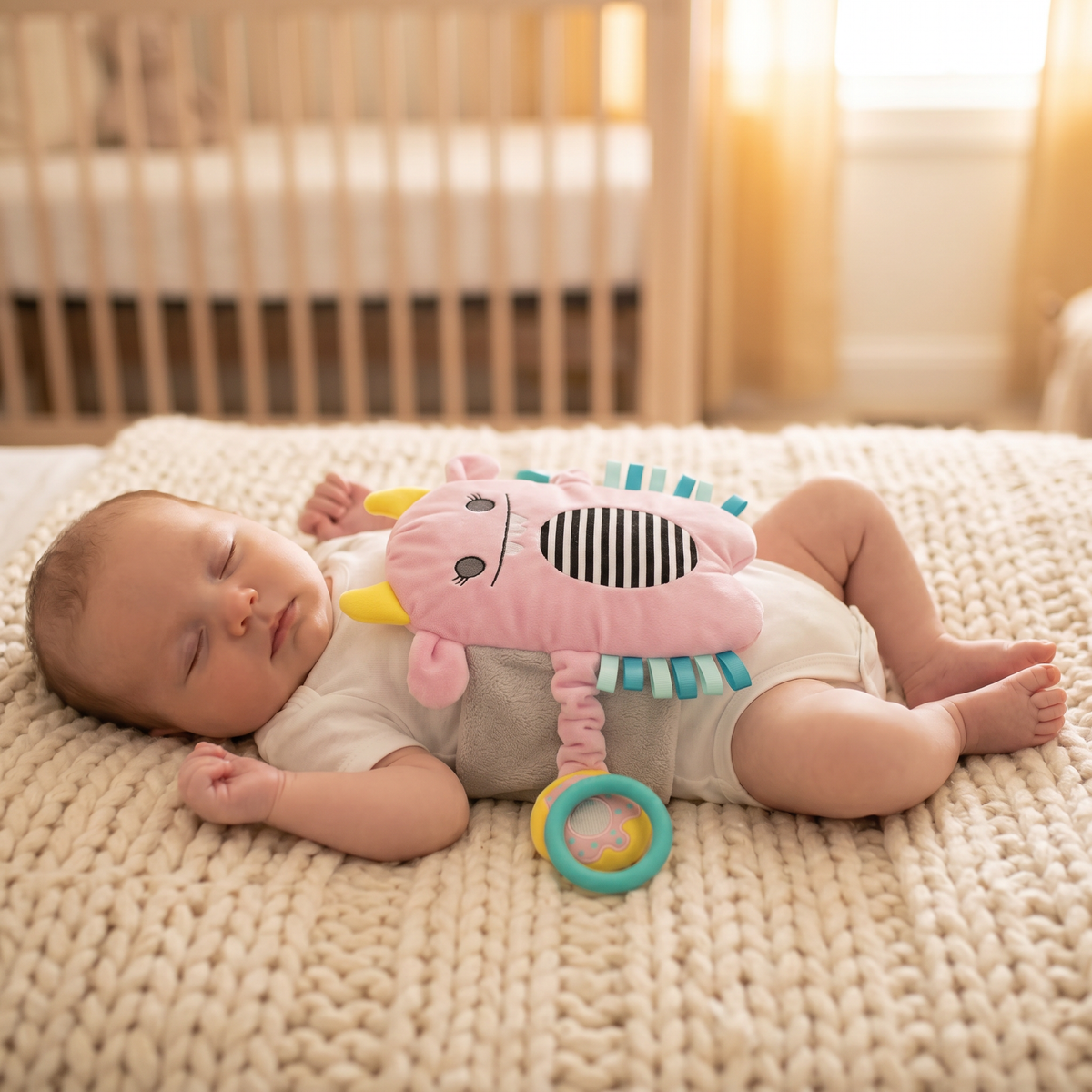 Baby sleeping peacefully while wearing the Snuggle Monster colic-relief band