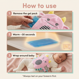 How to use the Snuggle Monster in 3 steps - remove gel pack, warm ~30 seconds, wrap around baby