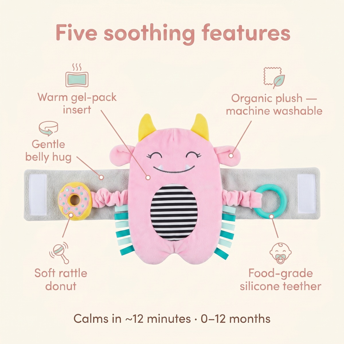 Snuggle Monster benefits - warm gel-pack insert, gentle belly hug, organic plush, silicone teether, rattle donut