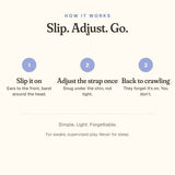 How it works: slip it on, adjust the strap once, back to crawling
