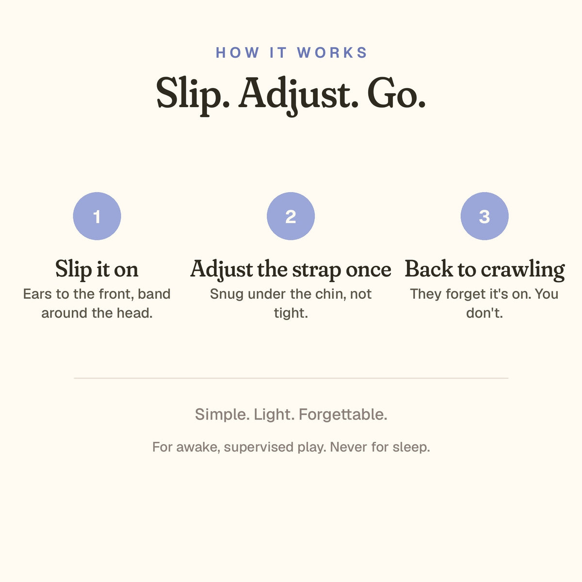 How it works: slip it on, adjust the strap once, back to crawling