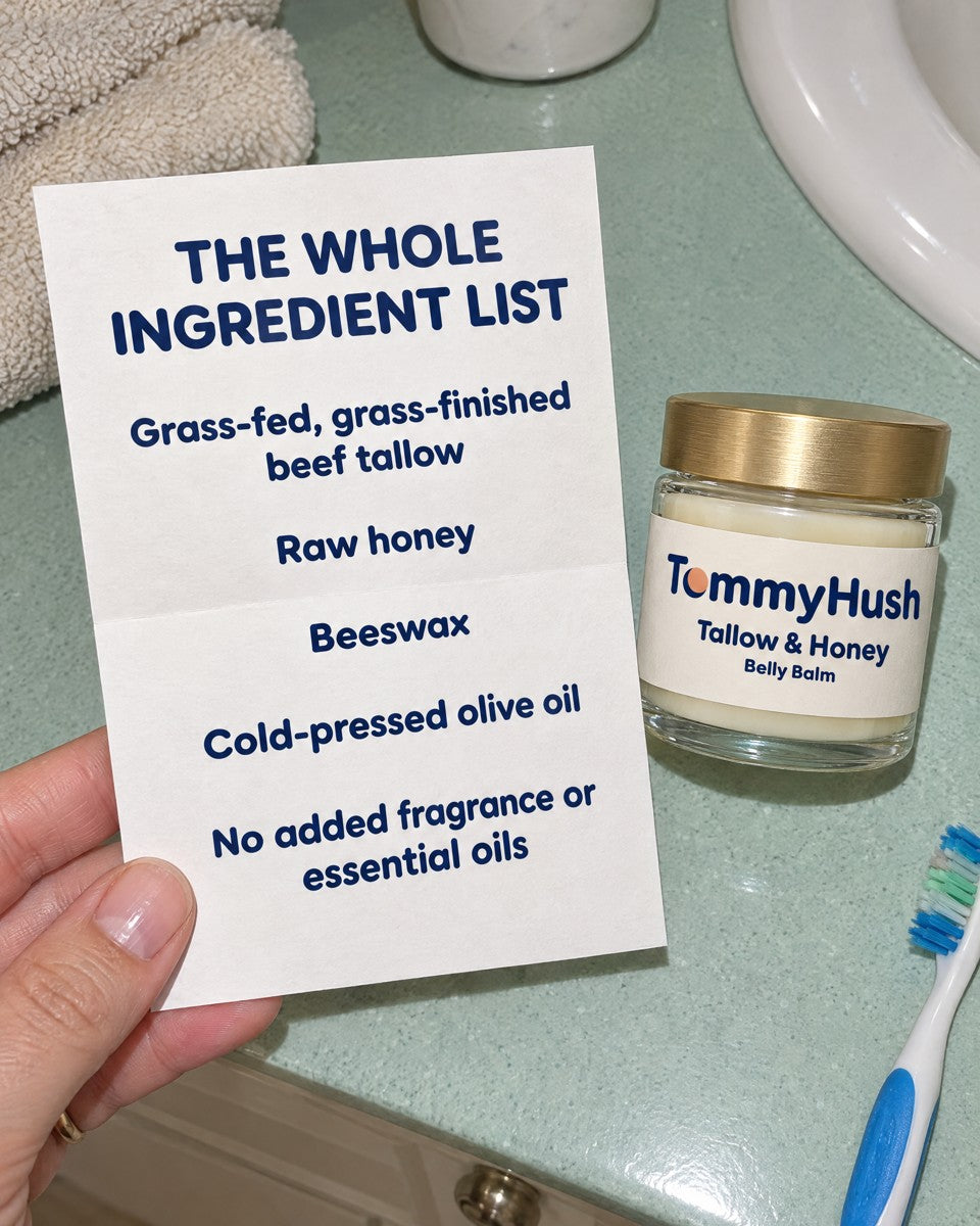 TummyHush Tallow & Honey Belly Balm four ingredient label card