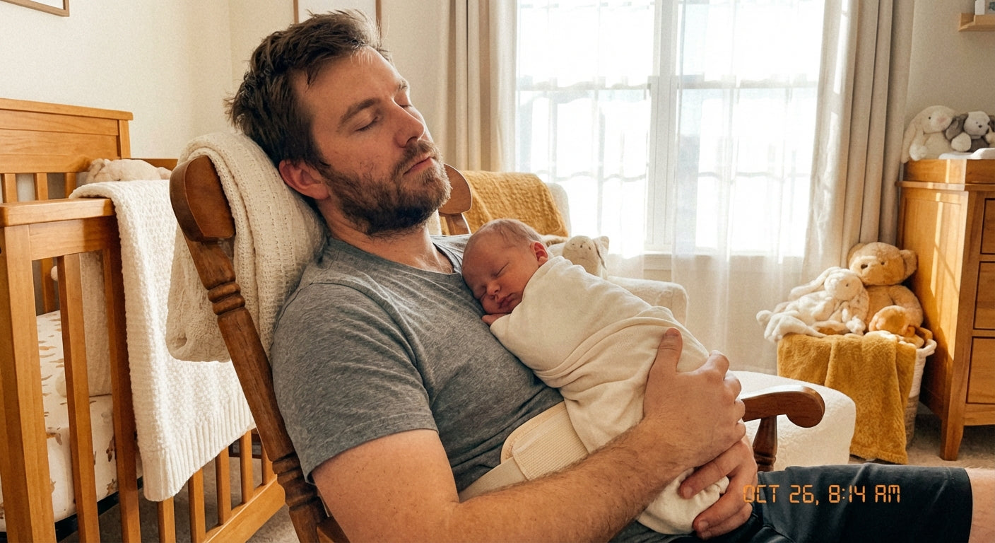 Dad holding sleeping baby in nursery