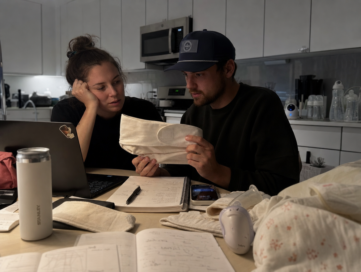 The TummyHush founders, Sarah and James, with their baby