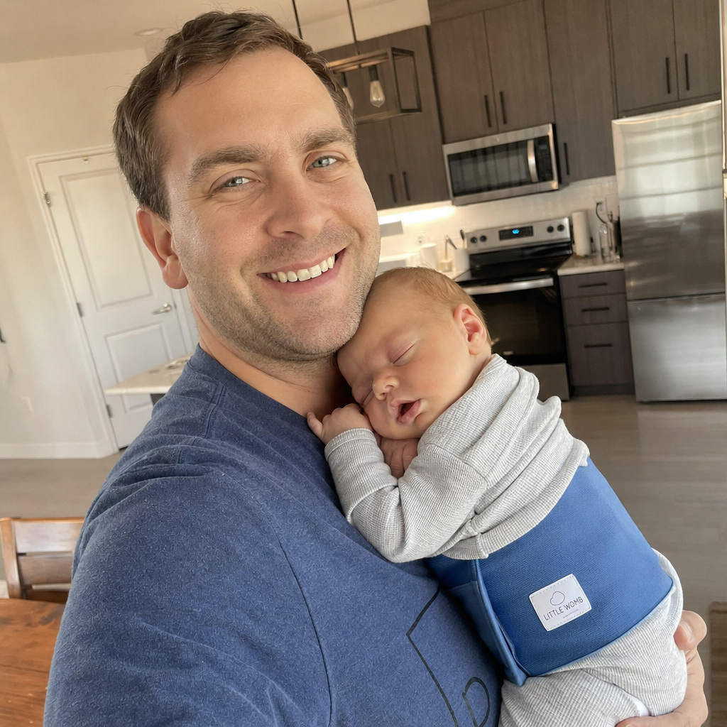 Dad holding baby wearing the belly band